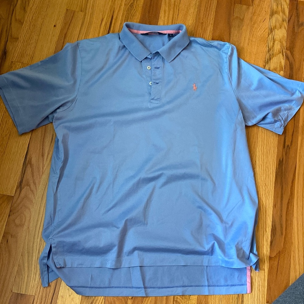 Polo sz L EUC golf/ polo shirt. 100% Pima cotton in sky blue/ pink horse